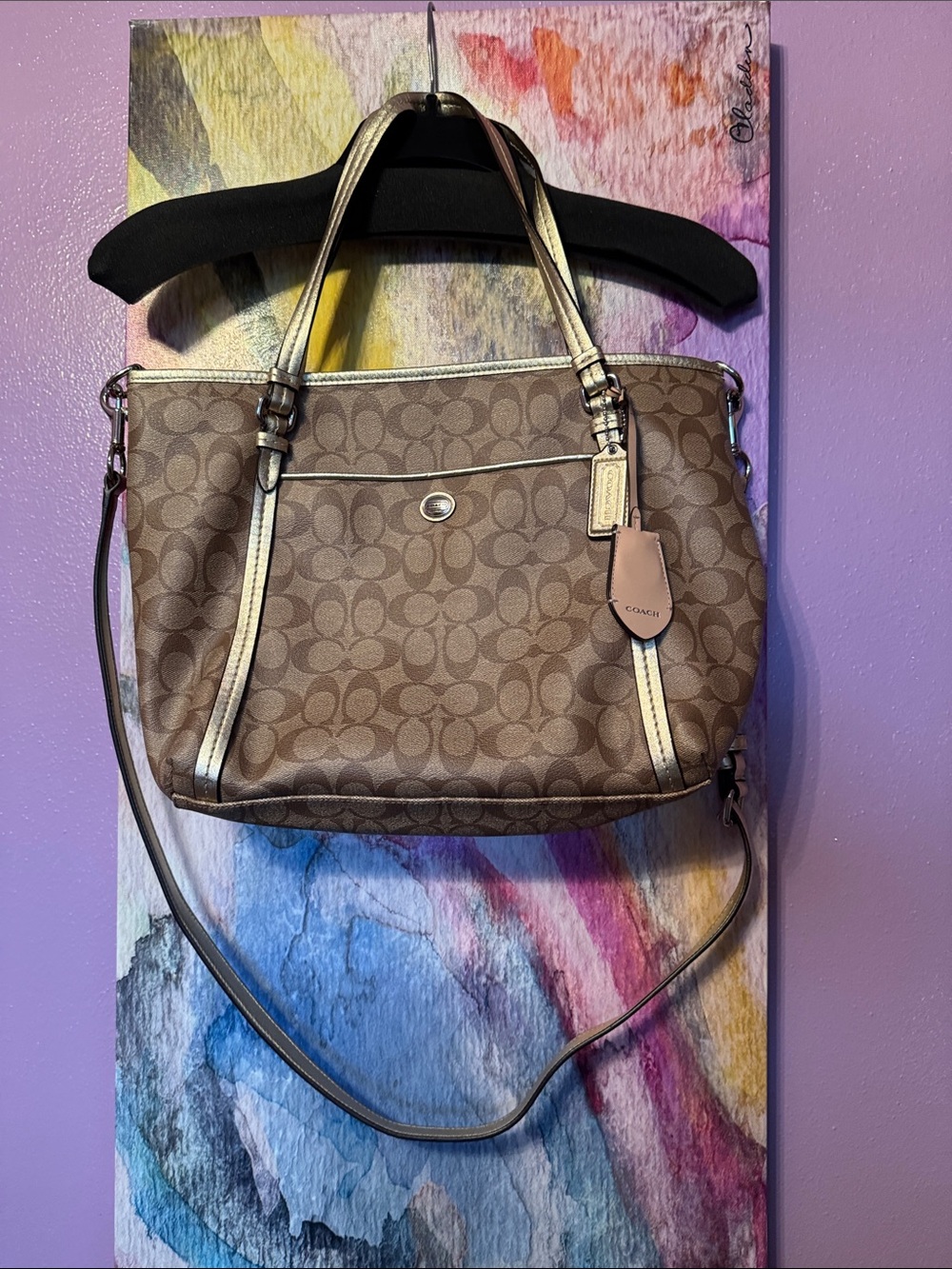 Coach Brown Signature Shoulder Tote with Gold Trim